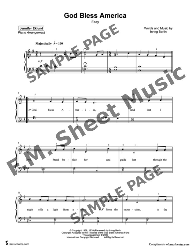 God Bless America (Easy Piano) By Irving Berlin - F.M. Sheet Music ...